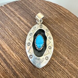 925, Sterling Southwest Etched Shadowbox Oval Turquoise Pendant